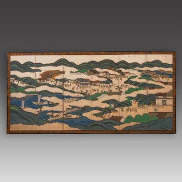 Byôbu  (vouwscherm) - Zijde, Papier, Gelakt hout,