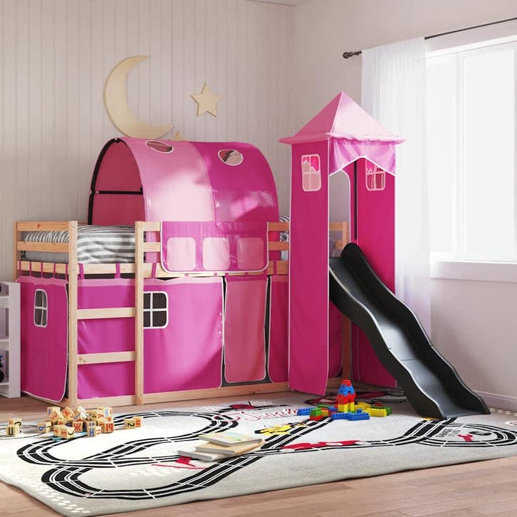 vidaXL Stapelbed met glijbaan en gordijnen roze 80x200 cm, Maison & Meubles, Chambre à coucher | Lits, Envoi