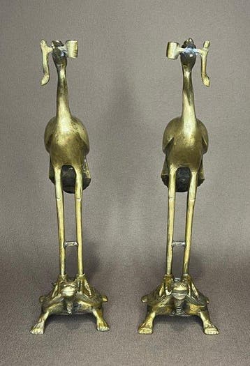 Tsuru-Kame Candleholders – A-Un Pair of Cranes, Buddhist, Antiek en Kunst
