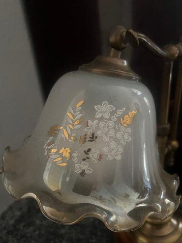 Lamp - Gegoten messing, Opaline glas, Eik