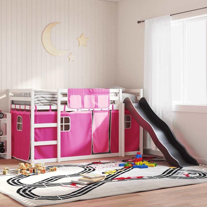 vidaXL Stapelbed met glijbaan en gordijnen roze 90x200 cm, Maison & Meubles, Chambre à coucher | Lits, Envoi