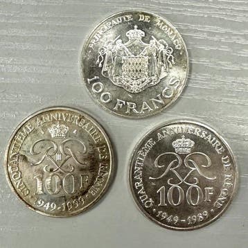 Monaco. 100 Francs 1982/1999 (lot de 3 monnaies en argent)