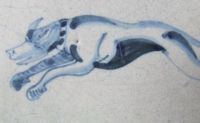 Tegel - randtegel met Hazewindhond - 1600-1650, Antiek en Kunst, Antiek | Glaswerk en Kristal