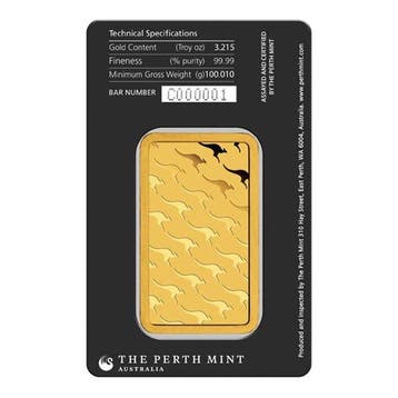 100 gram - Goud .999 - 9999 Gold Bar Perth Mint (In Assay),, Postzegels en Munten