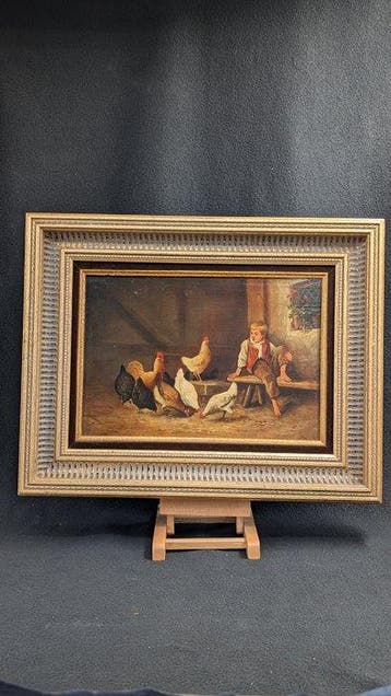 Europese school (XIX-XX) - Jongen met kippen, Antiek en Kunst