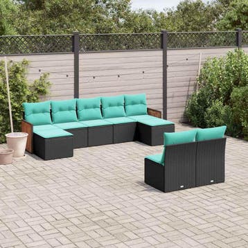 vidaXL 9-delige tuinbankset met kussens van zwart polyrotan, Verzenden