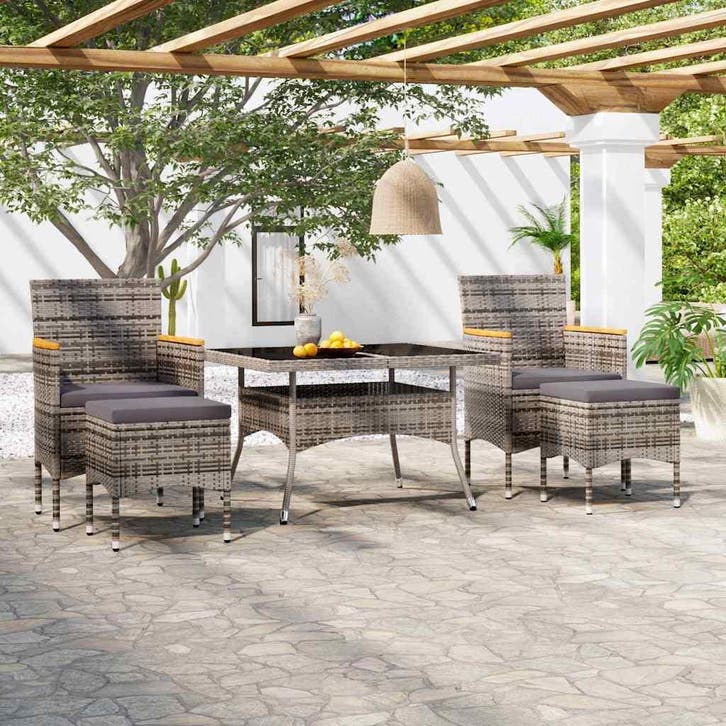 vidaXL 5-delige Tuinset poly rattan en gehard glas grijs, Tuin en Terras, Tuinsets en Loungesets, Tuinset, Nieuw, Verzenden