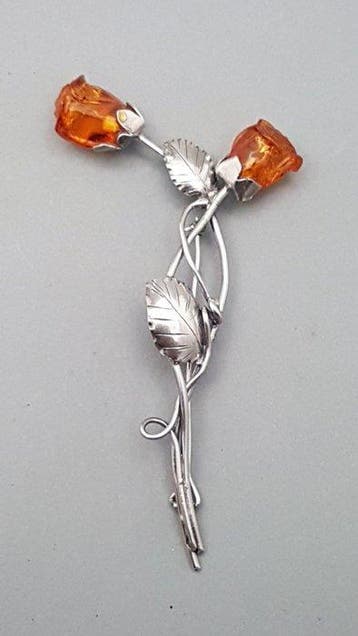 Zilver, Grote Art Nouveau, Amber Rozen - Broche