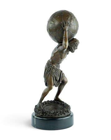 Sculpture, Atlas Holding the World - 31 cm - Bronze, Marbre