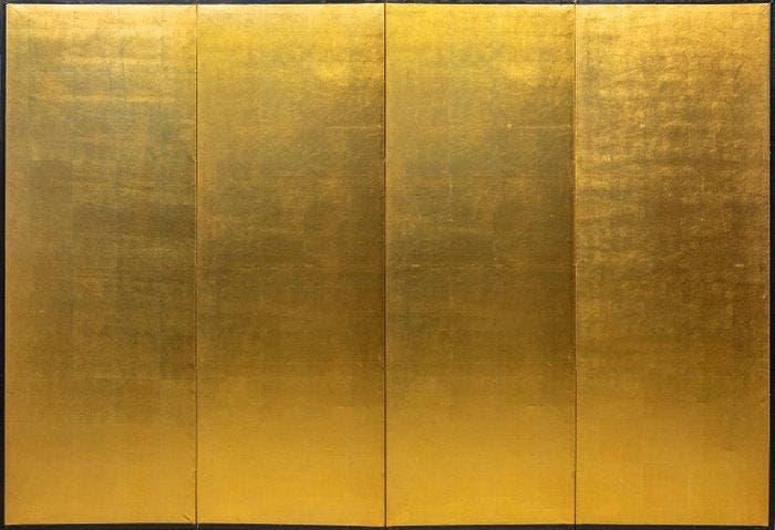Paravent Bybu - Papier, Bois, Feuille d’or - Un paravent, Antiek en Kunst, Antiek | Overige Antiek