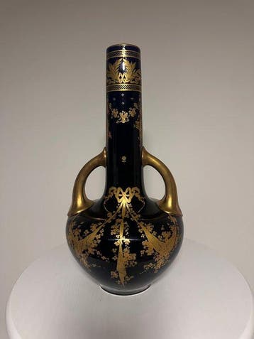 Vase - Grand vase amphore en faïence, bleu cobalt et doré,