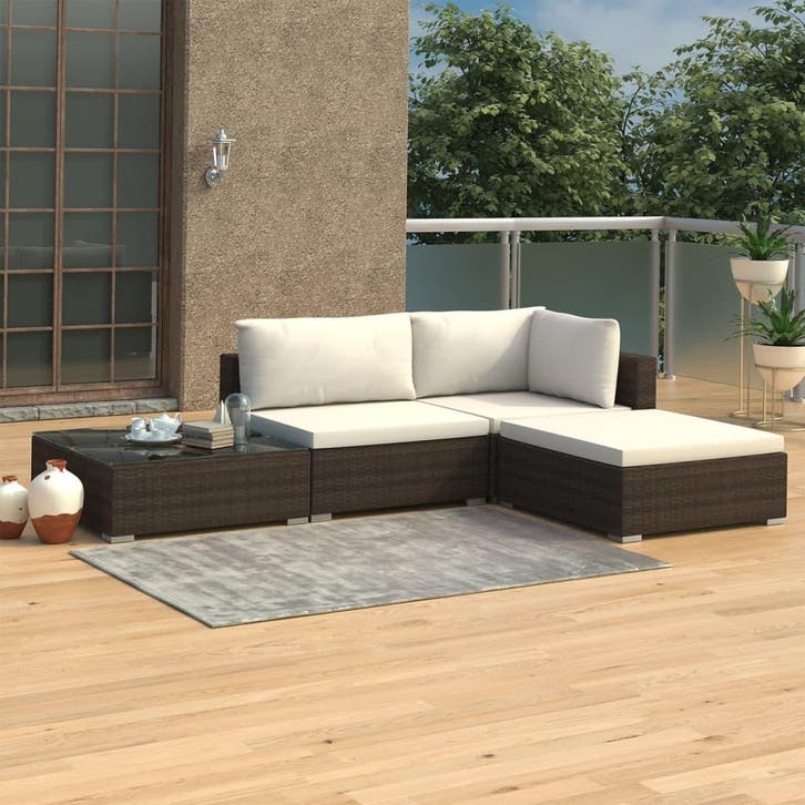 vidaXL 4-delige Loungeset met kussens poly rattan bruin, Jardin & Terrasse, Ensembles de jardin, Envoi