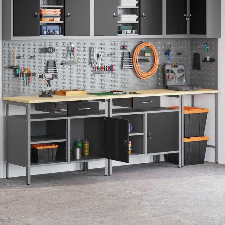 vidaXL Werkbankset met lade 3 pcs Rood en Grijs Gepoedercoat, Doe-het-zelf en Bouw, Werkbanken, Nieuw, Verzenden