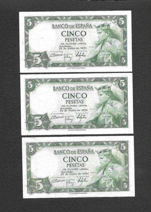 Spanje. - 8 x 5 Pesetas - Various dates (Zonder, Timbres & Monnaies, Billets de banque | Europe | Billets non-euro