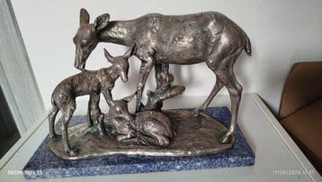 sculptuur, Cerva con due cuccioli - 27 cm - Verzilverd,