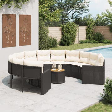 vidaXL Tuinbank met tafel en kussens rond poly rattan zwart, Verzenden, Nieuw