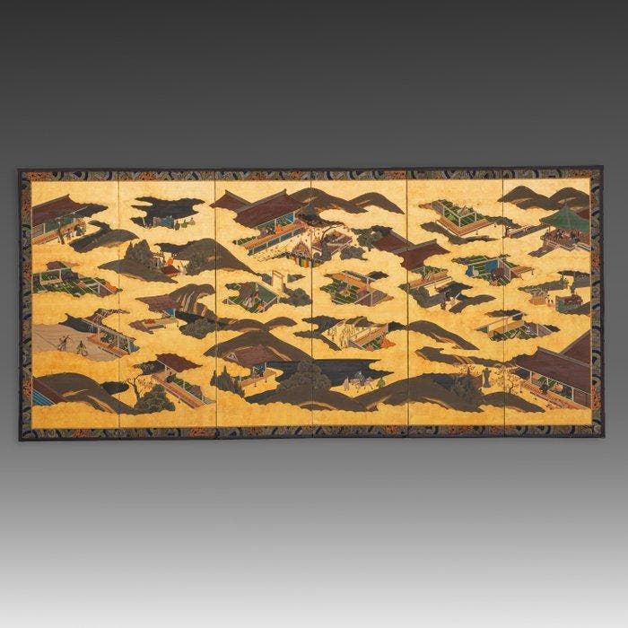 Paravent pliant présentant des scènes du Livre du Genji. -, Antiek en Kunst, Antiek | Overige Antiek