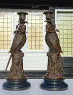 sculptuur, papagaaien kandelaars - 31 cm - brons marmer, Antiek en Kunst