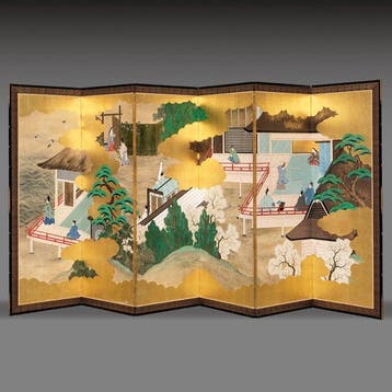 Paravent pliant avec des scènes du Livre du Genji - Bois, Antiquités & Art
