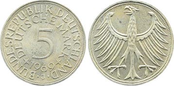 5 Mark Duitsland 5 duitse Mark 1969 J stgl Erstabschlag E..., Verzenden