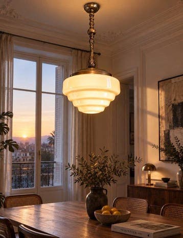 Hangende plafondlamp - opaalglas, messing, metaal - Art
