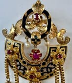 Broche - 18 karaat Geel goud - 0.45ct. tw. Robijn - Parel, Handtassen en Accessoires