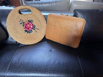 rattan vintage - Borsa paglia ricamata-valigetta midollino -