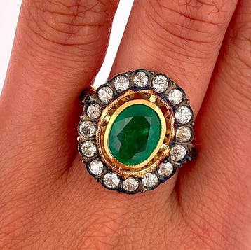 Bague - 18 carats Or jaune, Argent Émeraude - Diamant