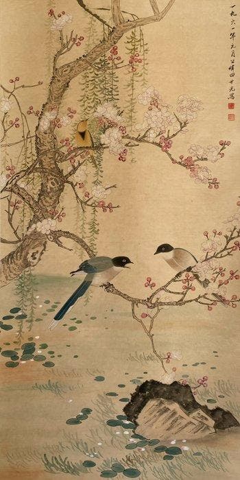 Une peinture chinoise de fleurs à l’encre et à la couleur, Antiquités & Art, Antiquités | Autres Antiquités
