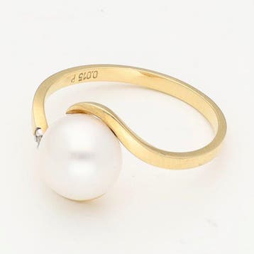 Ring - 18 karaat Geel goud Parel - Diamant