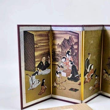 Vintage Japanse Hikone miniatuur zes-panelig vouwscherm,