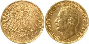 Duitsland 10 Mark Friedrich Ii Baden 1913 G prfr / stgl T..., Verzenden
