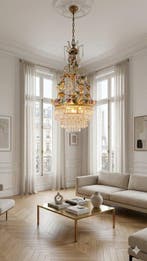 Lustre - Laiton doré, Cristal - Florentin italien vintage, Antiek en Kunst