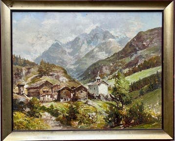 Europese school (XX) - Scorcio di villaggio alpino con