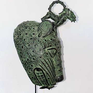 Masque léopard en bronze à patine verte - sculptuur -