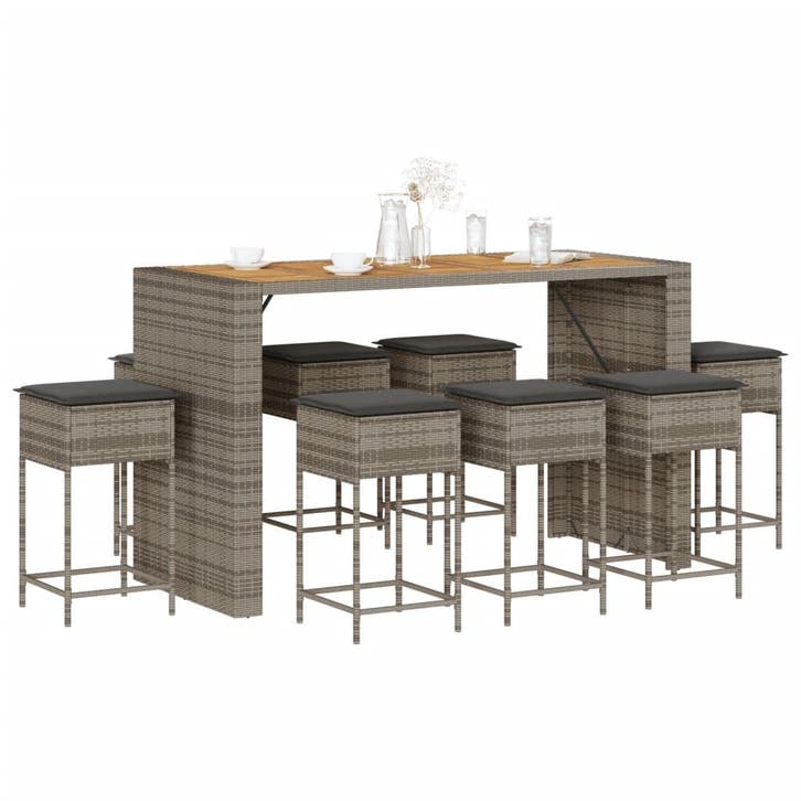 vidaXL 9-delige Tuinbarset met kussens poly rattan grijs, Jardin & Terrasse, Ensembles de jardin, Envoi