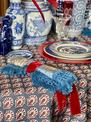 Ethnisch tafelkleed met blockprint voor brede tafels. -, Antiek en Kunst