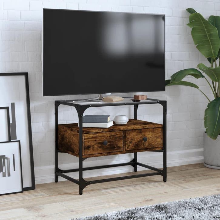 vidaXL Tv-meubel met glazen blad 60x35x51 cm hout gerookt, Huis en Inrichting, Kasten |Televisiemeubels, Nieuw, Verzenden