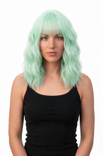 KIMU® Luxe Mint Groen Pruik Schouderlengte Rechte Pony Krull, Ophalen of Verzenden
