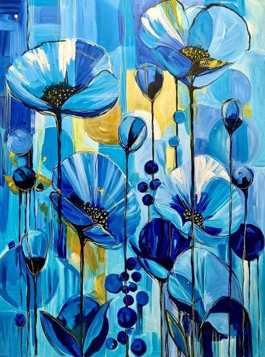 Kiri Aguilera (1982) 120 x 90 cm - Amapolas Azules en Sueño, Antiek en Kunst, Kunst | Schilderijen | Modern