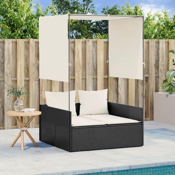 vidaXL Ligbed tweepersoons met dak en gordijn poly rattan, Verzenden, Nieuw
