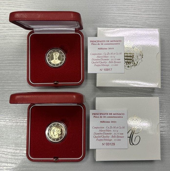 Monaco. 2 Euro 2019/2021 Honoré V + Mariage Princier (2, Timbres & Monnaies, Monnaies | Europe | Monnaies non-euro