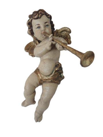 Snijwerk, farbiger Engel mit Trompete - Amor - HOLZFIGUR -