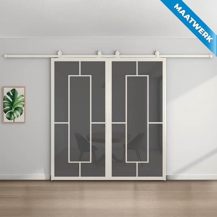 Dubbele stalen Schuifdeuren Wit 5 Vlaks Maatwerk Rook glas, Doe-het-zelf en Bouw, Raamkozijnen en Schuifdeuren, Nieuw, Inclusief glas