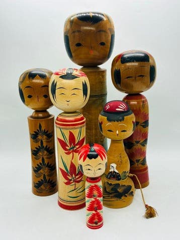 Vintage Japanse Kokeshi-poppen Verzameling: set van 6,