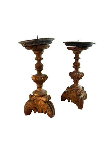 Kaarsenhouder (2) - Hout, Metaal - Gouden houten kandelaars