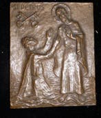 Antieke Bronzen Plaquette van St.Petrus met Apostel -, Antiek en Kunst