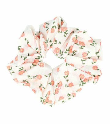 Haarelastiek Scrunchie – XL Bloemenprint – Gladde Stof – Wit, Nieuw