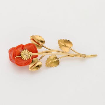 Broche - 18 carats Or jaune - Corail sanguin - Fleur