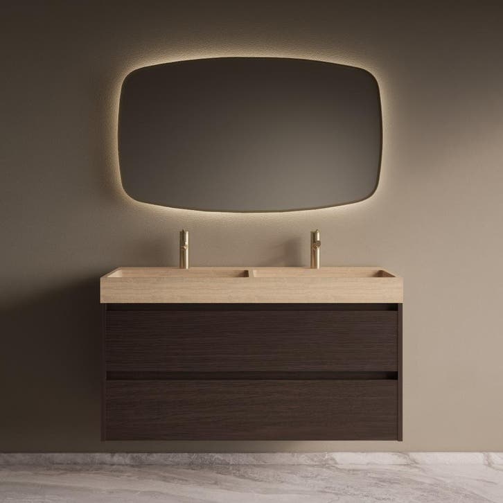Badmeubelset Riga Travertin met Wastafel 120 cm Bruin Eiken, Doe-het-zelf en Bouw, Sanitair, Bad, Nieuw, Ophalen of Verzenden